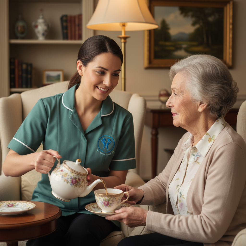 A caring support worker serving tea to a resident